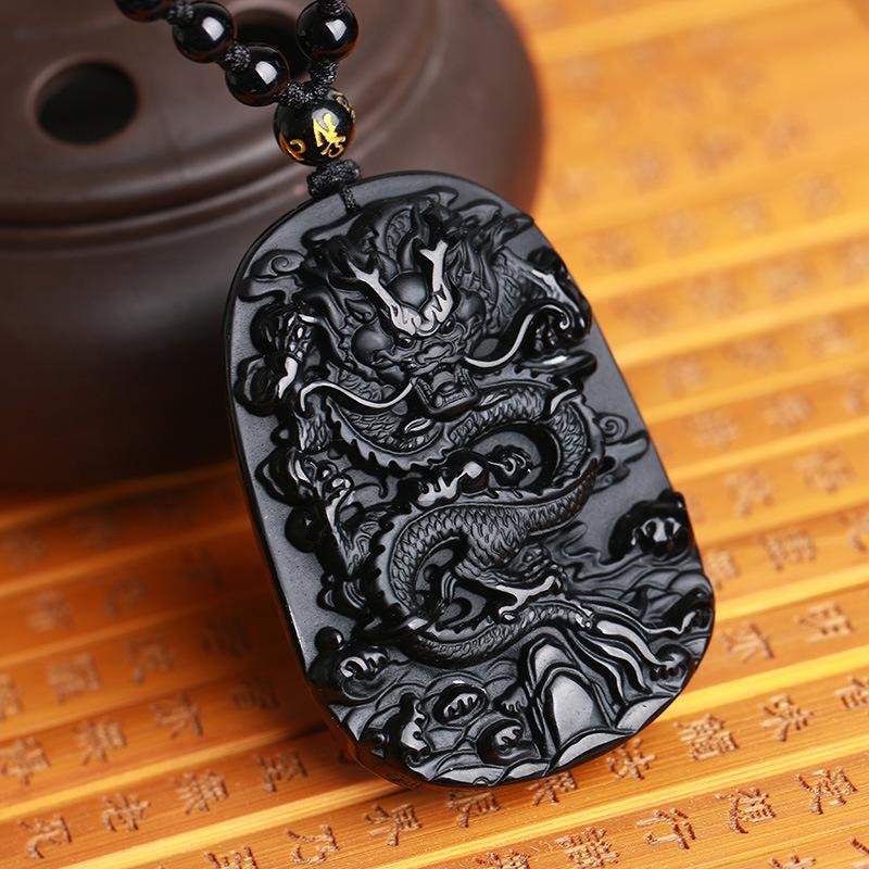 Mặt dây chuyền rồng đá obisidian thiên nhiên (RP94)