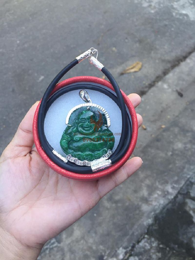 Mặt dây chuyền phật di lặc đá ngọc cẩm thạch tự nhiên ốp bạc ta nguyên chất kèm dây đeo ốp bạc