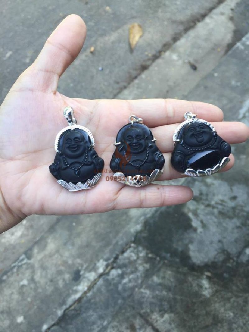 Mặt dây chuyền phật di lặc đá obisidian tự nhiên ốp bạc ta nguyên chất kèm dây đeo ốp bạc