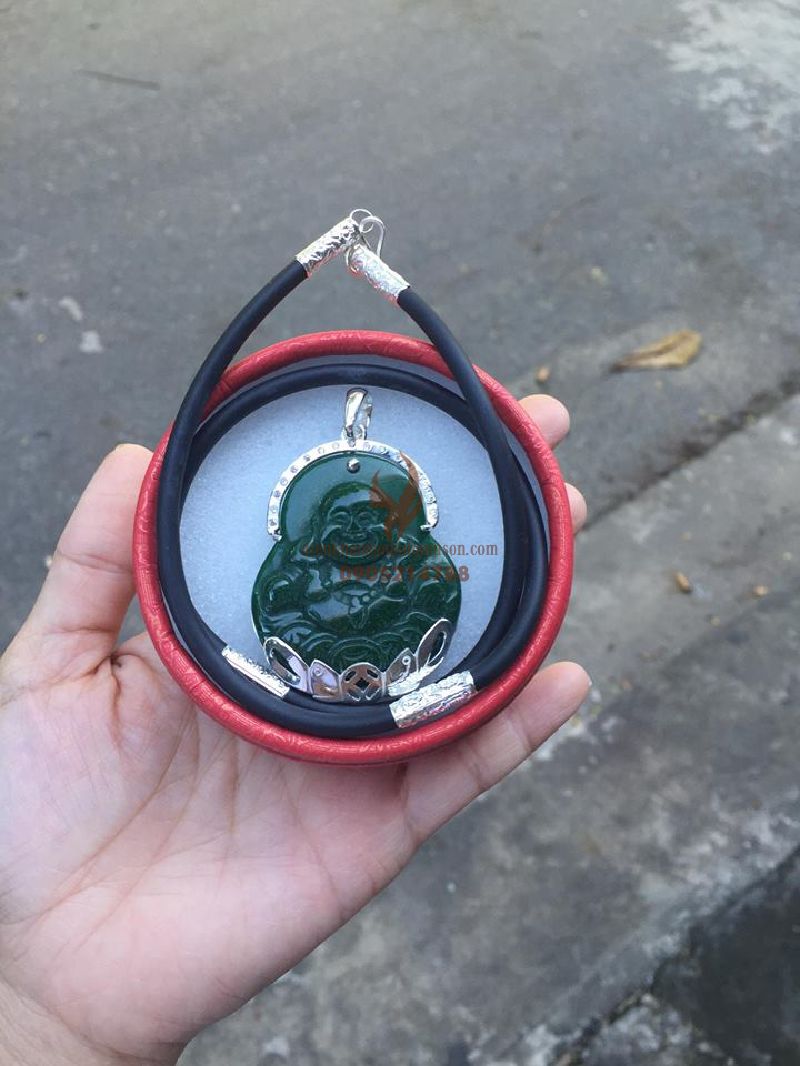 Mặt dây chuyền phật di lặc đá ngọc cẩm thạch tự nhiên ốp bạc ta nguyên chất kèm dây đeo ốp bạc