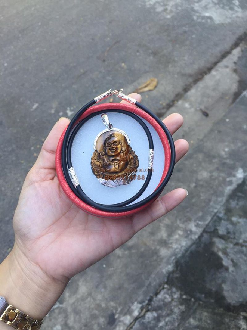 Mặt phật di lặc đá mắt hổ tự nhiên ốp bạc ta nguyên chất kèm dây đeo ốp bạc