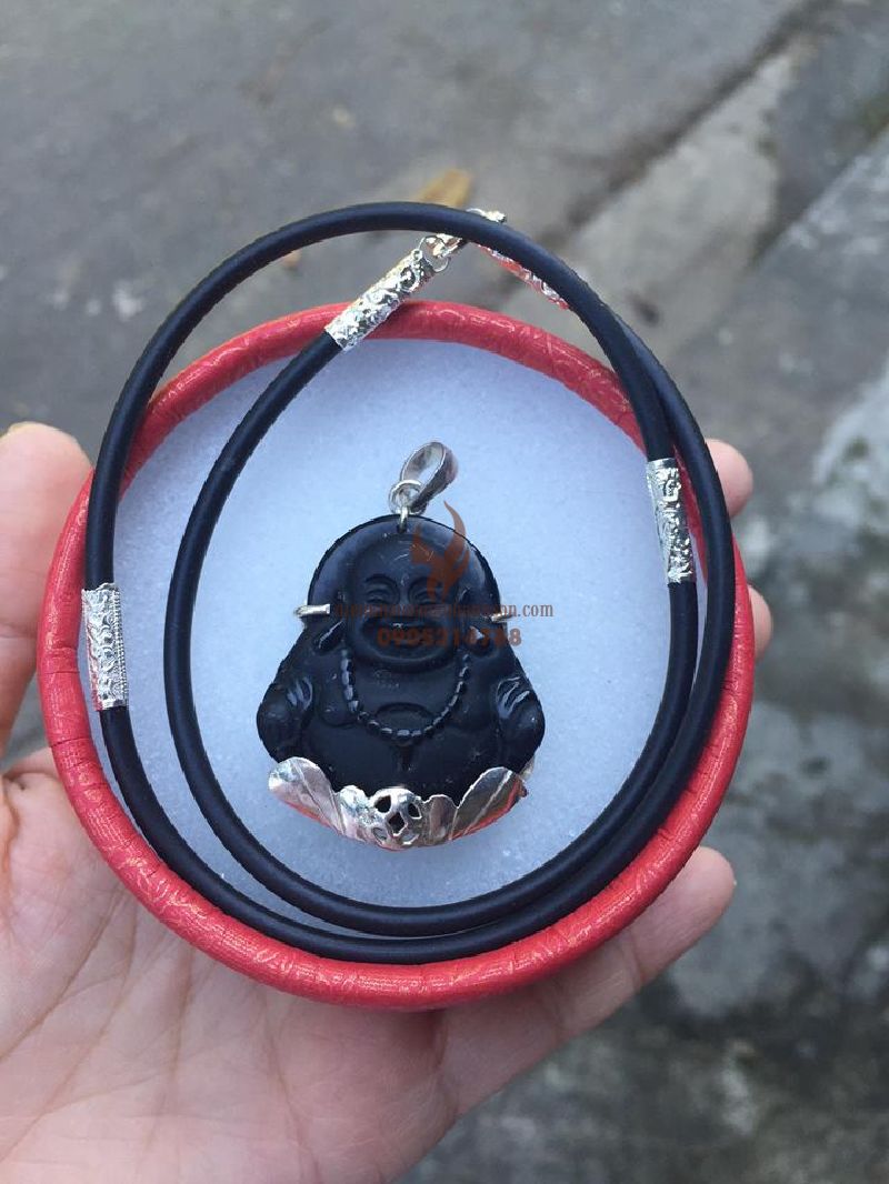 Mặt dây chuyền đá Obisidian tự nhiên ốp bạc ta nguyên chất kèm dây đeo ốp bạc