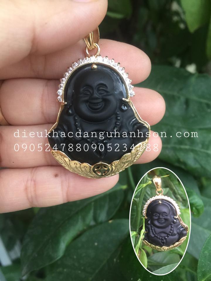 Mặt dây chuyền phật di lặc đá thạch anh đen bọc vàng tây 18k MDL48