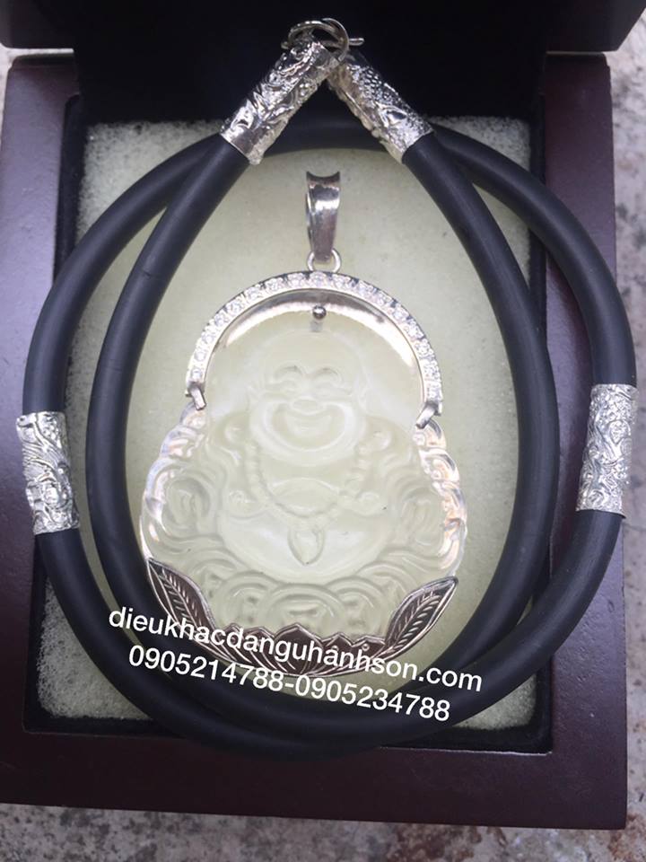 Mặt dây chuyền phật di lặc đá Lưu ly thiên nhiên ốp bạc ta nguyên chất kèm dây da ốp bạc MDL57