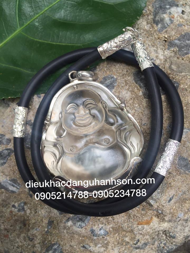 Mặt dây chuyền phật di lặc đá thạch anh thiên nhiên ốp bạc ta kèm dây da ốp bạc MDL56