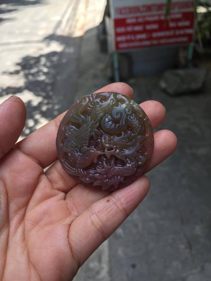 Mặt dây chuyền rồng phụng Ngọc Cẩm thạch thiên nhiên ốp bạc ta nguyên chất RP06
