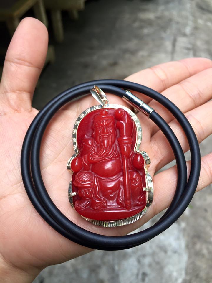 Mặt dây chuyền Quan công Ngọc cẩm thạch huyết ốp bạc ta nguyên chất QC06