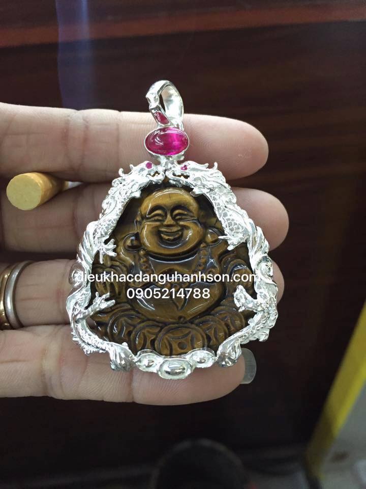 Mặt dây chuyền đá mắt hổ thiên nhiên ốp bạc ta rồng cuộn MDL37