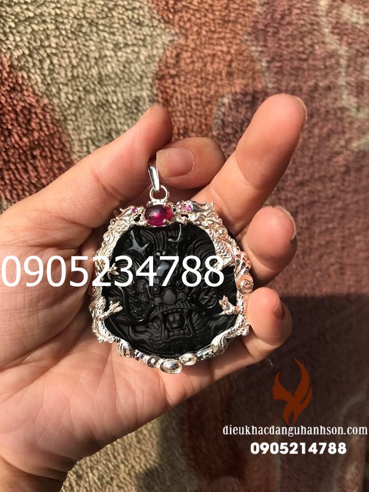 Mặt dây chuyền rồng đá obisidian đen thiên nhiên ốp bạc ta nguyên chất (mã sản phẩm: RP77)