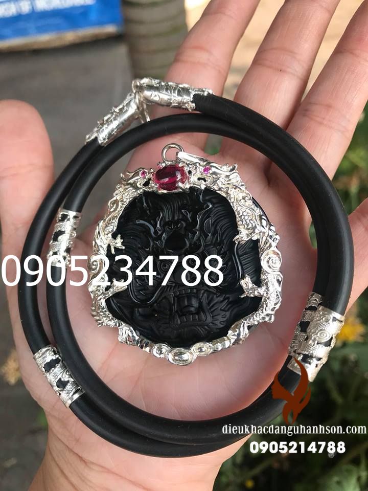 combo Mặt dây chuyền rồng đá obisidian đen thiên nhiên ốp bạc ta nguyên chất (mã sản phẩm: RP76)