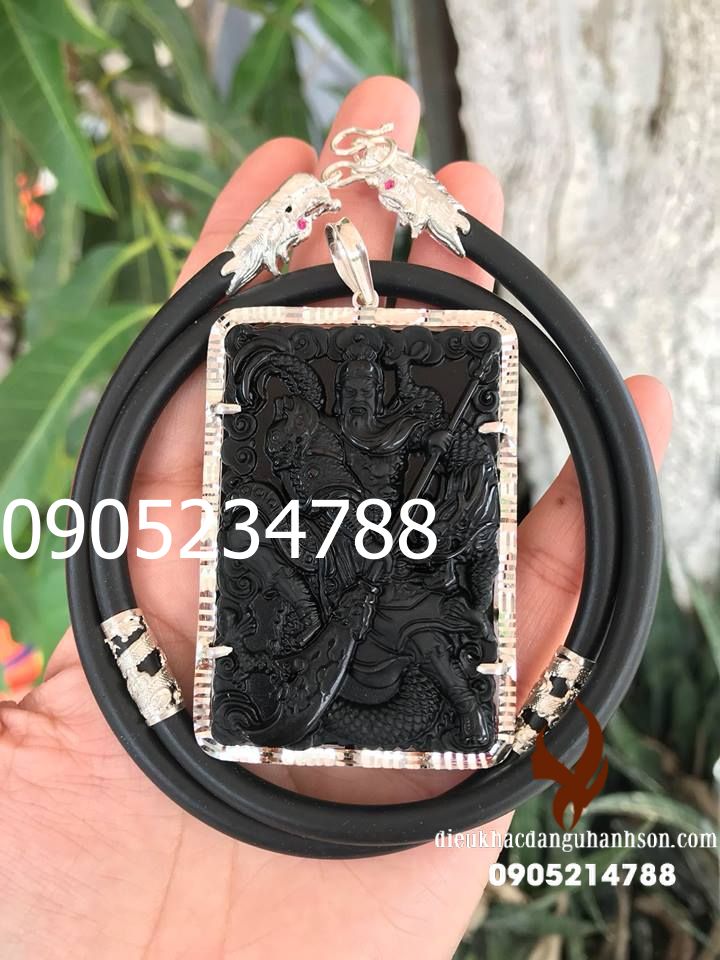 Mặt dây chuyền Quan công đá obisidian thiên nhiên ốp bạc nguyên chất kèm dây rồng (Mã sản phẩm: QC60)