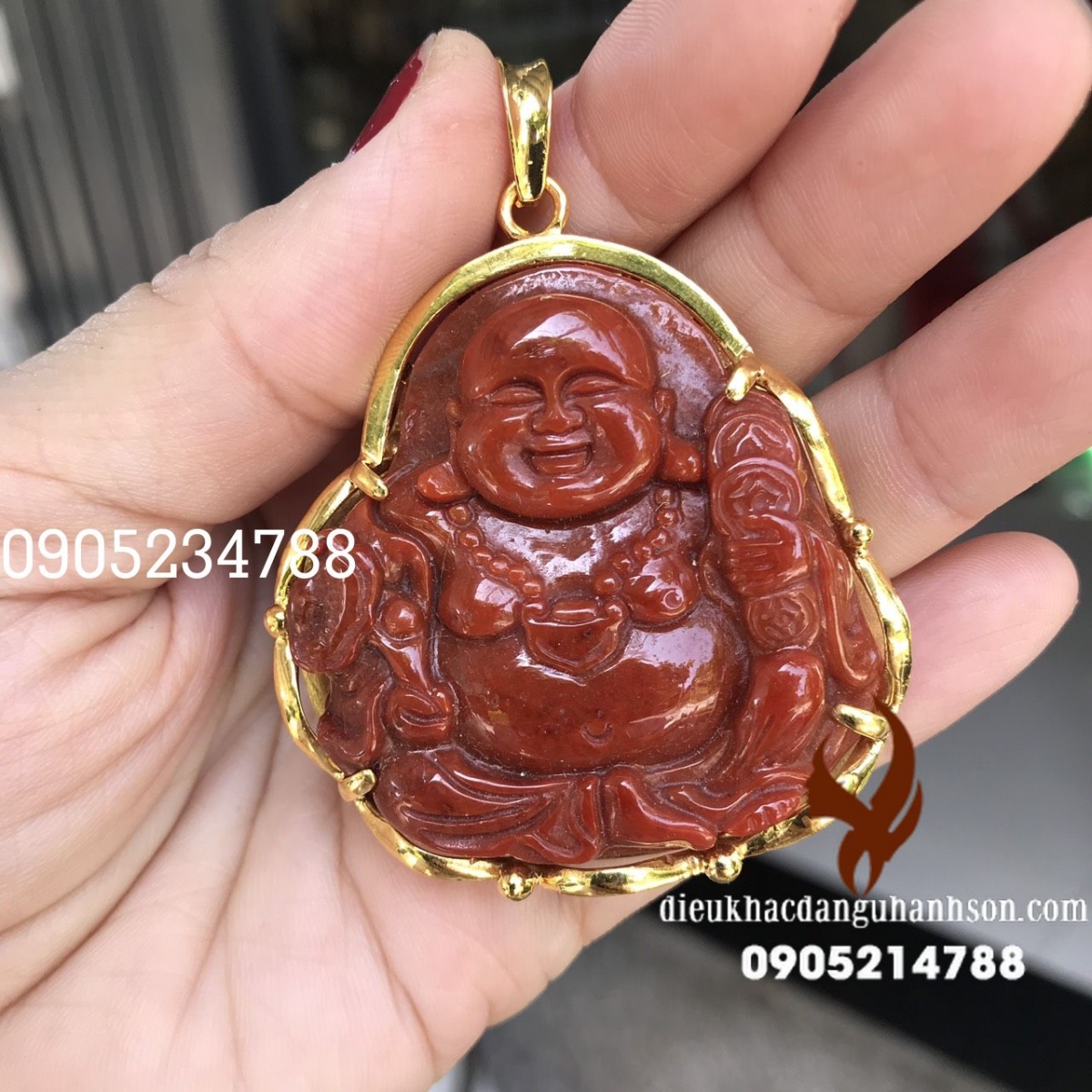 Mặt dây chuyền phật di lặc Ngọc cẩm thạch huyết ốp vàng tây 10k (DL78)