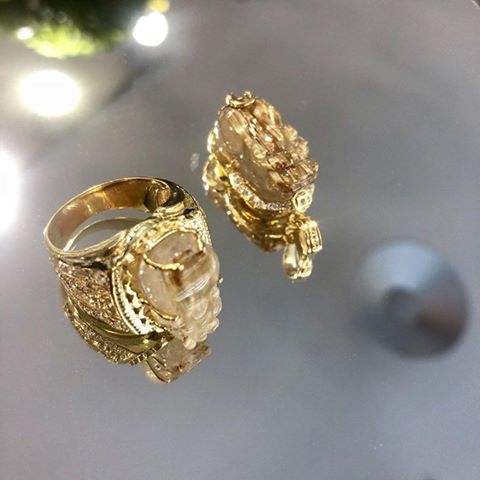 Combo nhẫn và mặt dây chuyền tỳ hưu Thạch anh tóc thiên nhiên ốp vàng tây 10k (Mã sản phẩm: TH37)