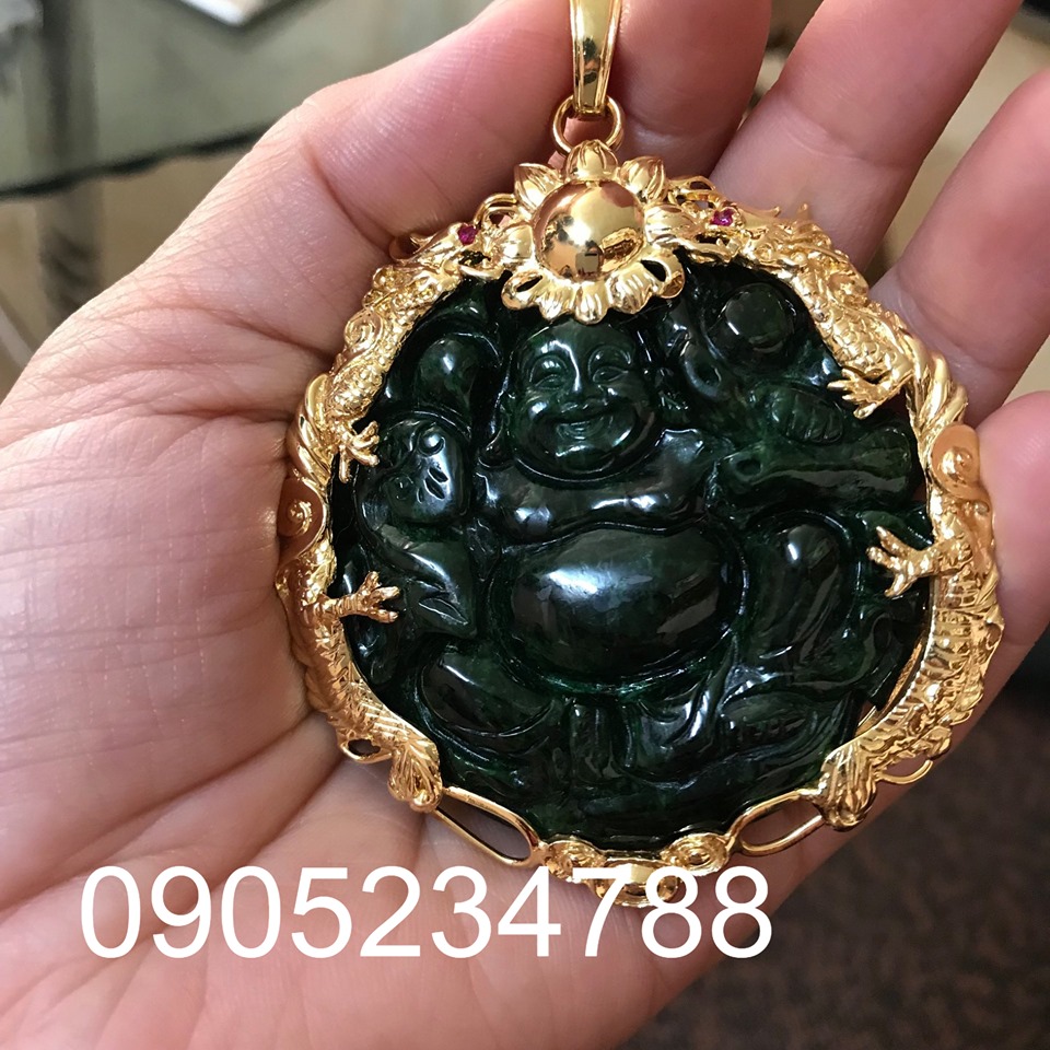 Mặt dây chuyền di lặc ngọc cẩm thạch sơn thủy thiên nhiên cao 5 cm ốp vàng tây 10k (mã sản phẩm: DL84)
