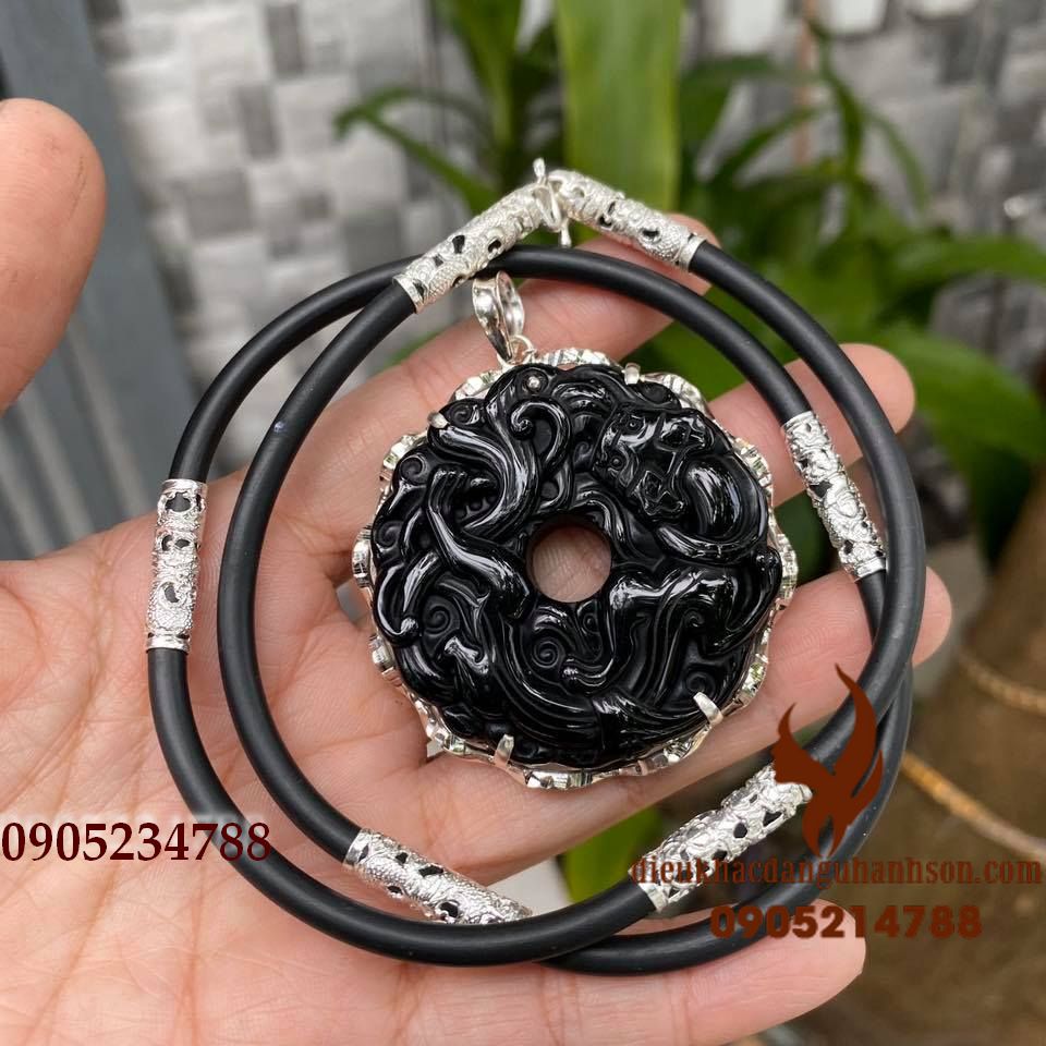 Mặt dây chuyền tỳ hưu hóa rồng đá obisidian thiên nhiên ốp bạc ta nguyên chất (Mã sản phẩm: RP 98)