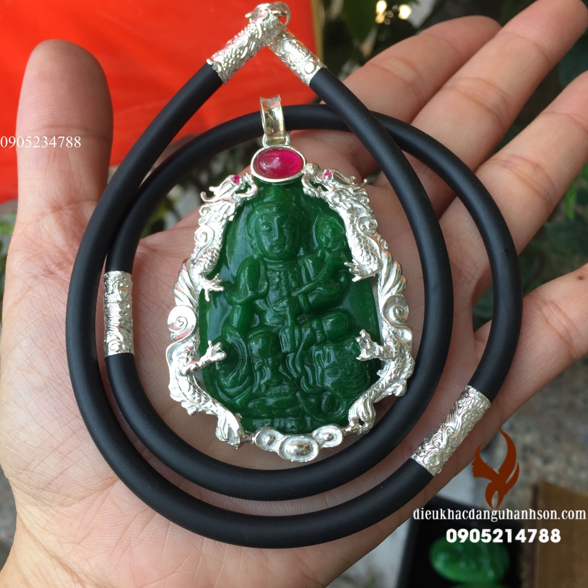  Phật bản mệnh phổ hiền bồ tát Ngọc cẩm thạch tự nhiên ốp bạc ta kèm dây ốp bạc  tuổi Thìn và Tỵ PH11