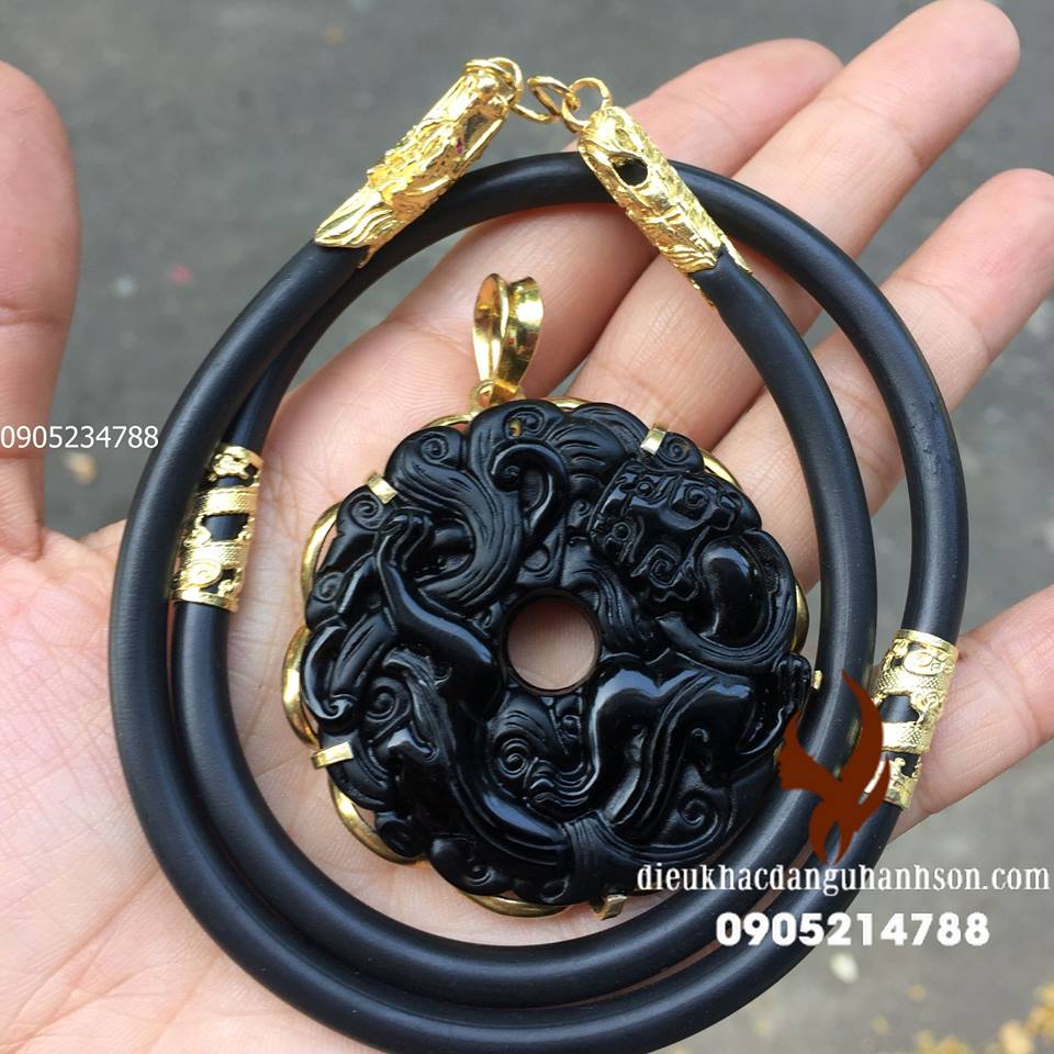 Mặt dây chuyền tỳ hưu hóa rồng đá tự nhiên ốp bạc ta nguyên chất xi vàng  obisidian  RP42
