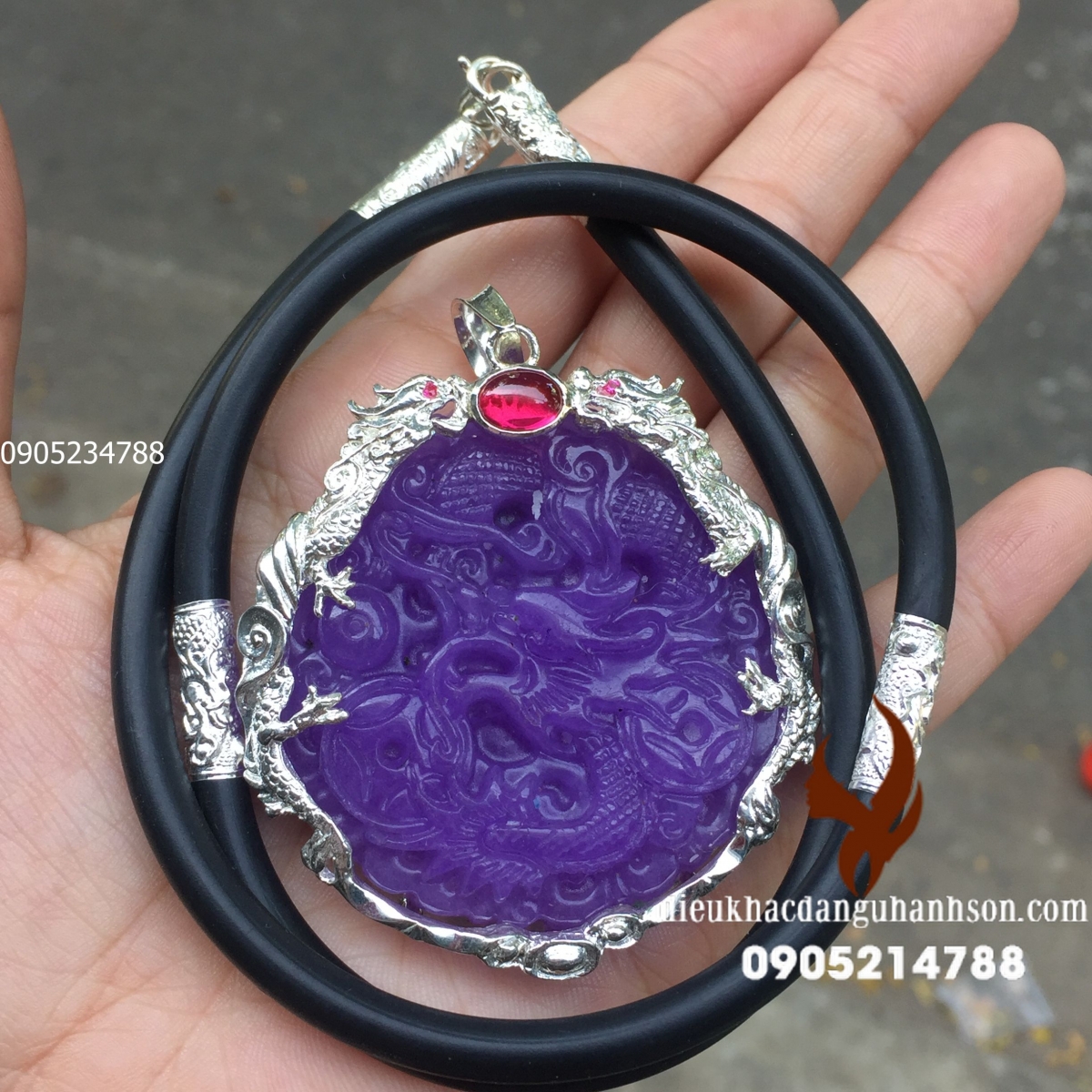 Mặt dây chuyền rồng  đá thạch anh tím ốp bạc ta RP34
