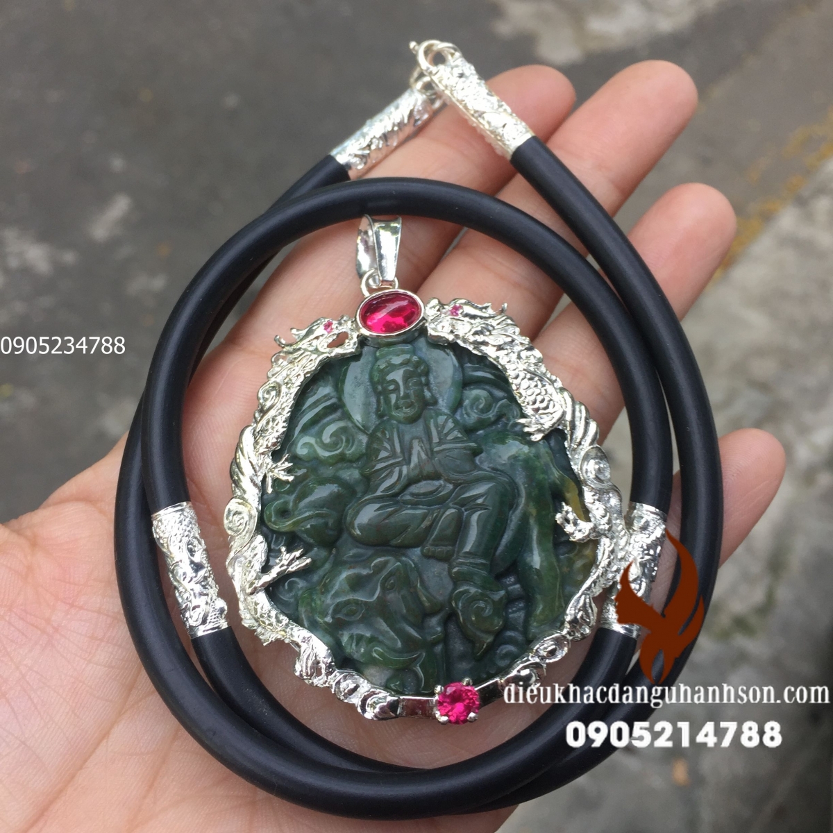 Combo Phật bản mệnh phổ hiền bồ tát Đá Caxedon kèm dây ốp bạc 4 đốt cho tuổi Thìn và Tỵ PH08