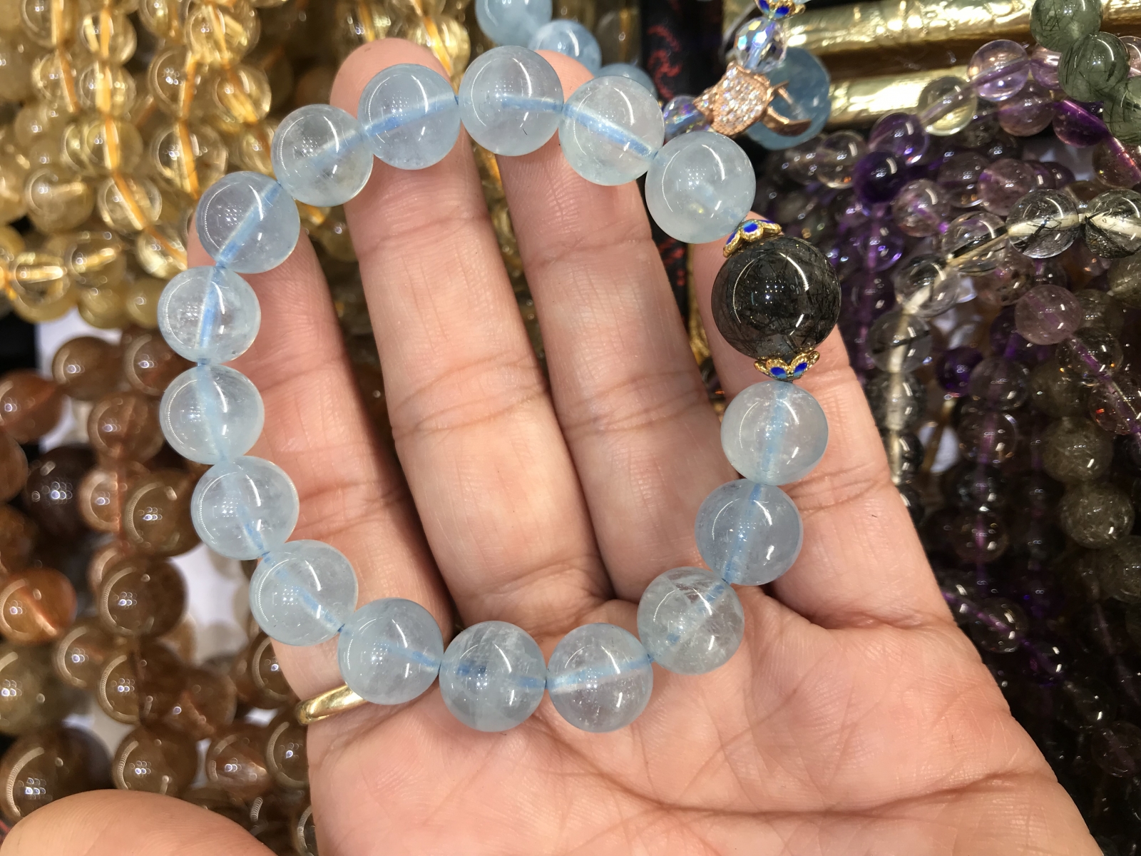 Vòng tay đá aquamarin thiên nhiên mix charm bạc ta (Mã sản phẩm: VT29)