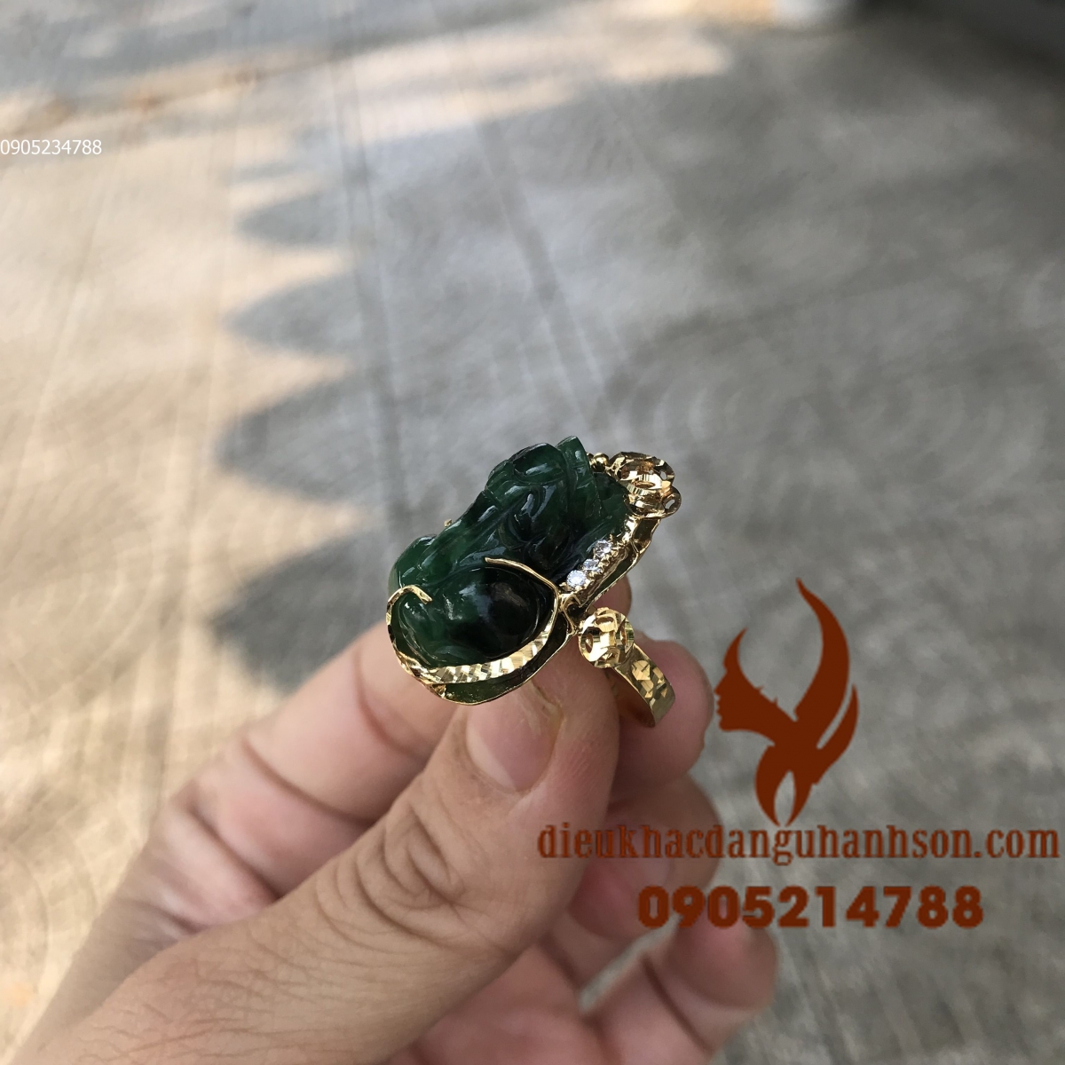 Nhẫn tỳ hưu Ngọc cẩm thạch thiên nhiên ốp vàng tây 10k (Mã sản phẩm: TH34)