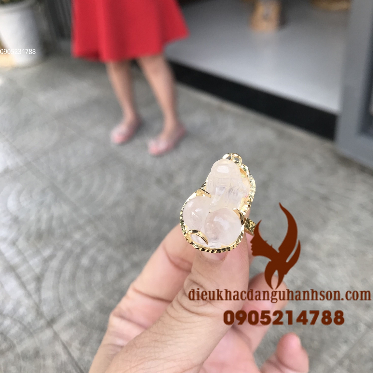 Nhẫn tỳ hưu thạch anh trắng thiên nhiên ốp vàng tây 10k (Mã sản phẩm: TH33)