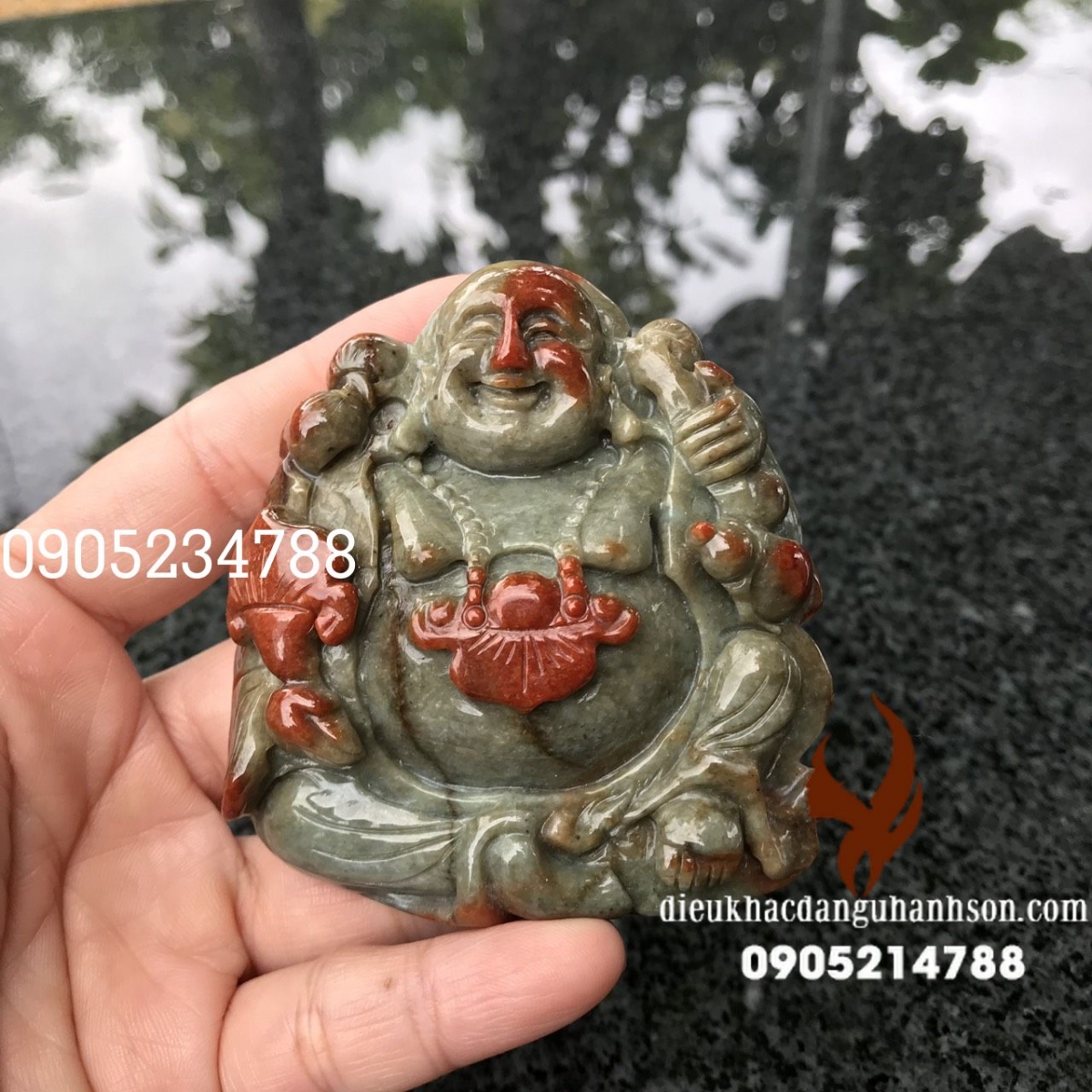 Mặt dây chuyền di lặc ngọc cẩm thạch huyết thiên nhiên cao 7.2 cm (mã sản phẩm: DL82)