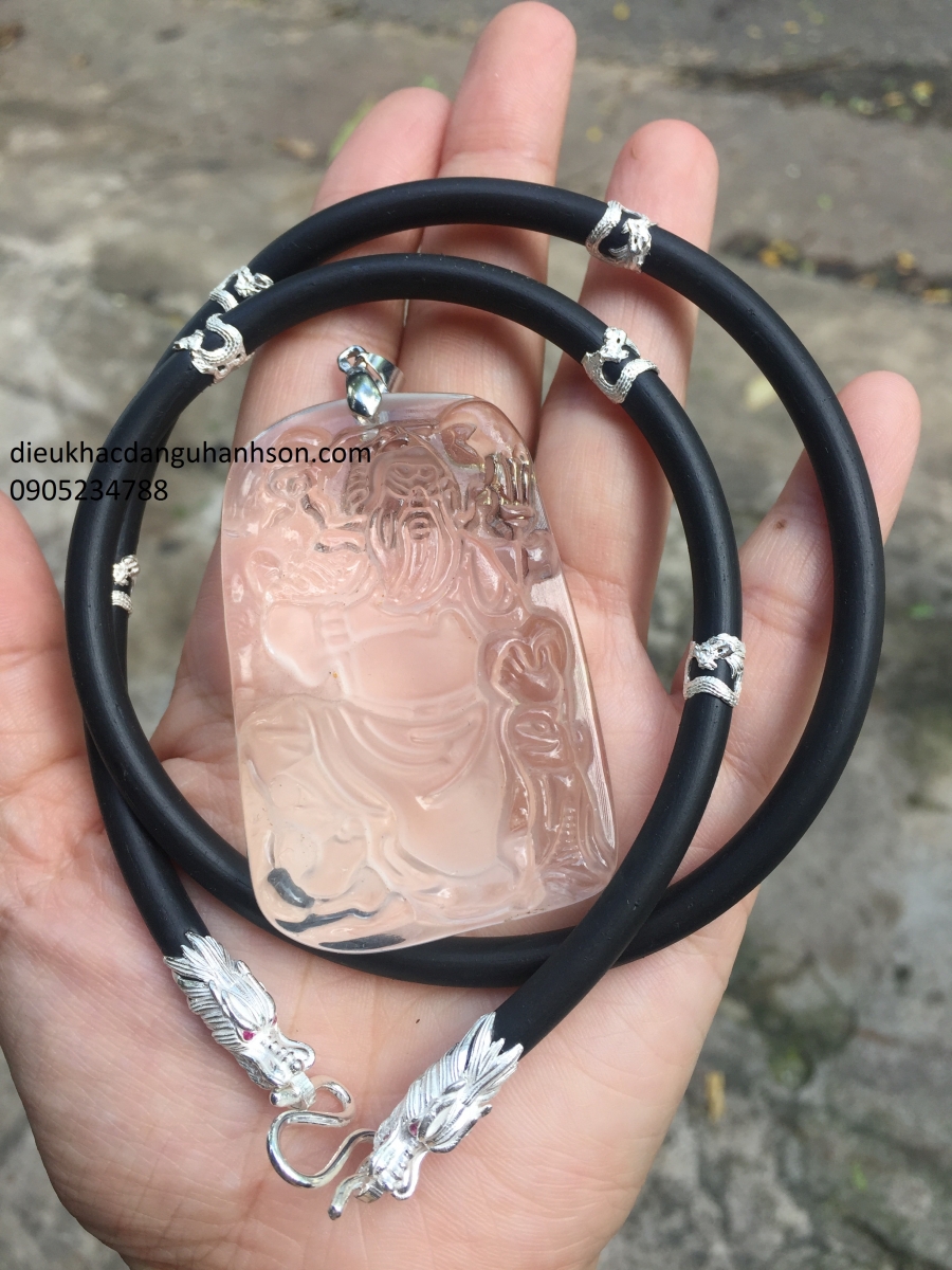Mặt dây chuyền Quan công đá thạch anh kèm dây da ốp bạc 2 đầu rồng QC21