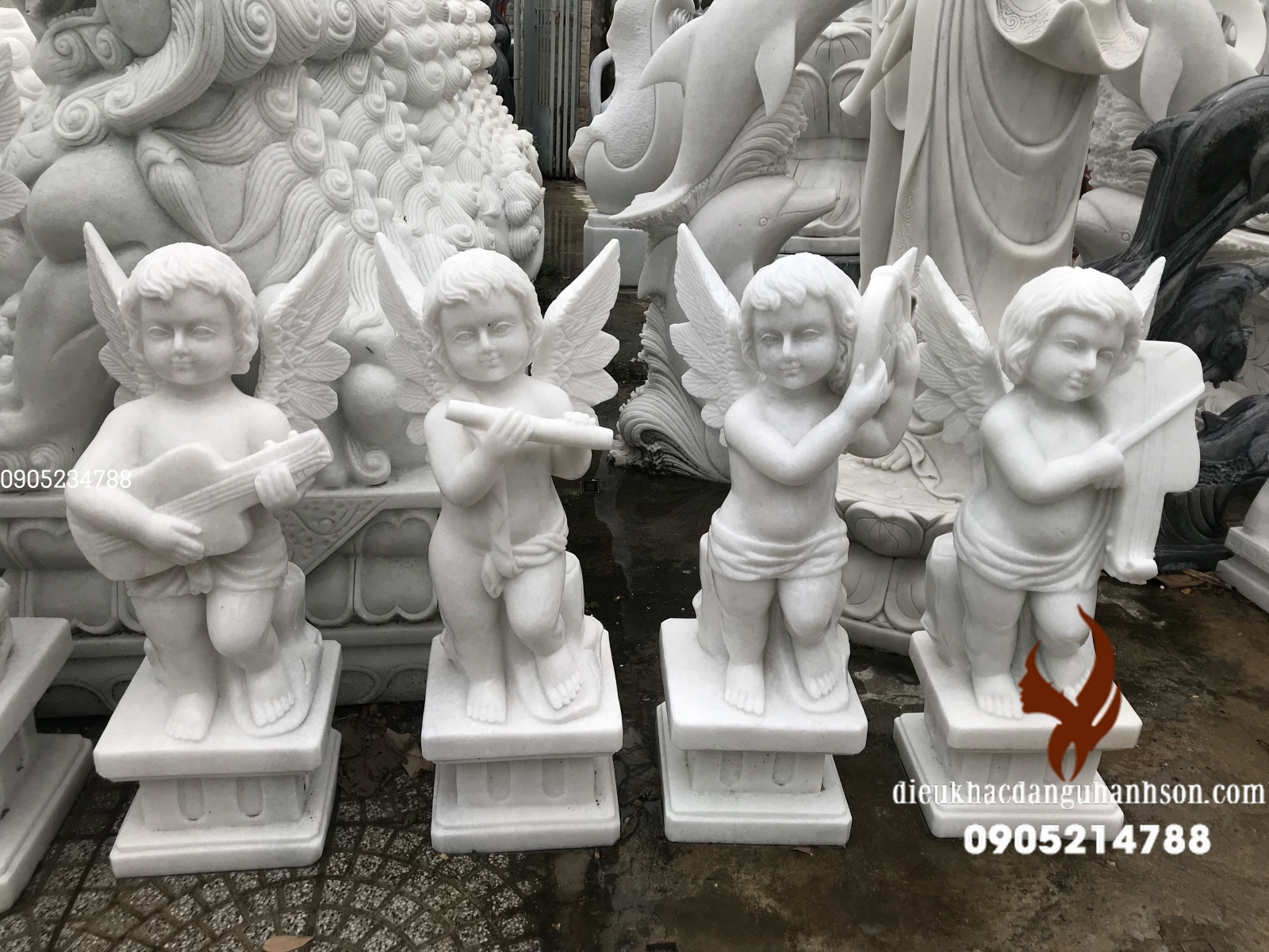 Bộ 4 thiên thần đá trắng non nước cao 80 cm (TTH02)