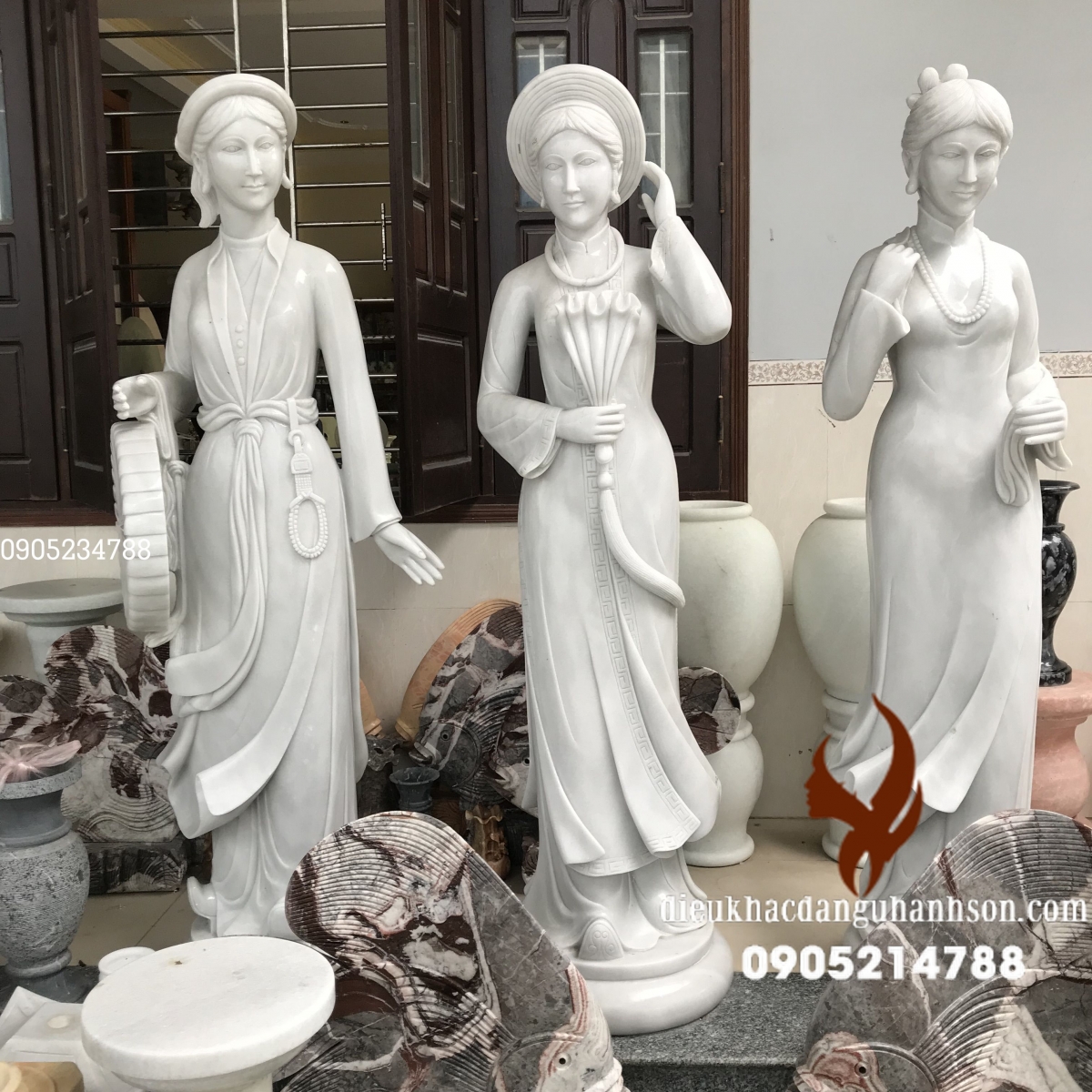 Bộ tượng ba cô gái Bắc Trung Nam đá trắng non nước cao từ 80 cm - 1.8 m (Mã sản phẩm: 
