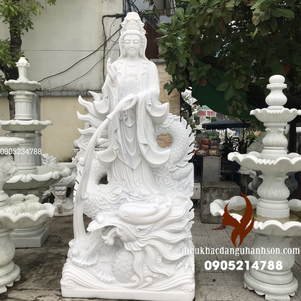 Tượng phật quan âm đá trắng non nước cao từ 80 cm - 2,2 m (Mã sản phẩm: QA01)