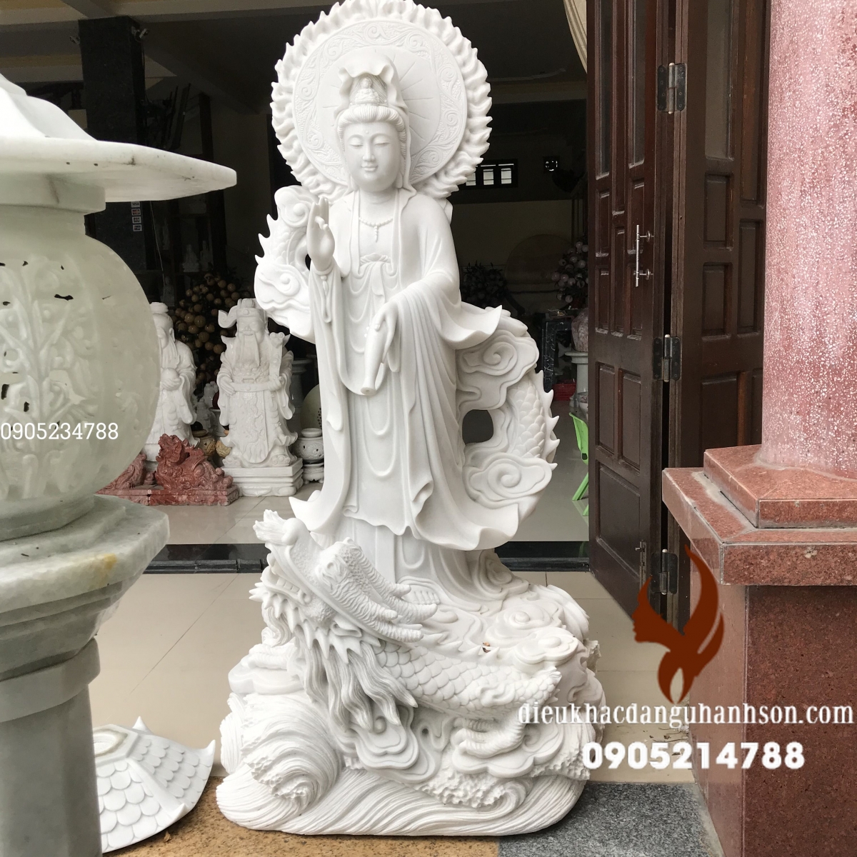Tượng phật quan âm đá trắng non nước cao từ 80 cm - 2,2 m (Mã sản phẩm: QA02)