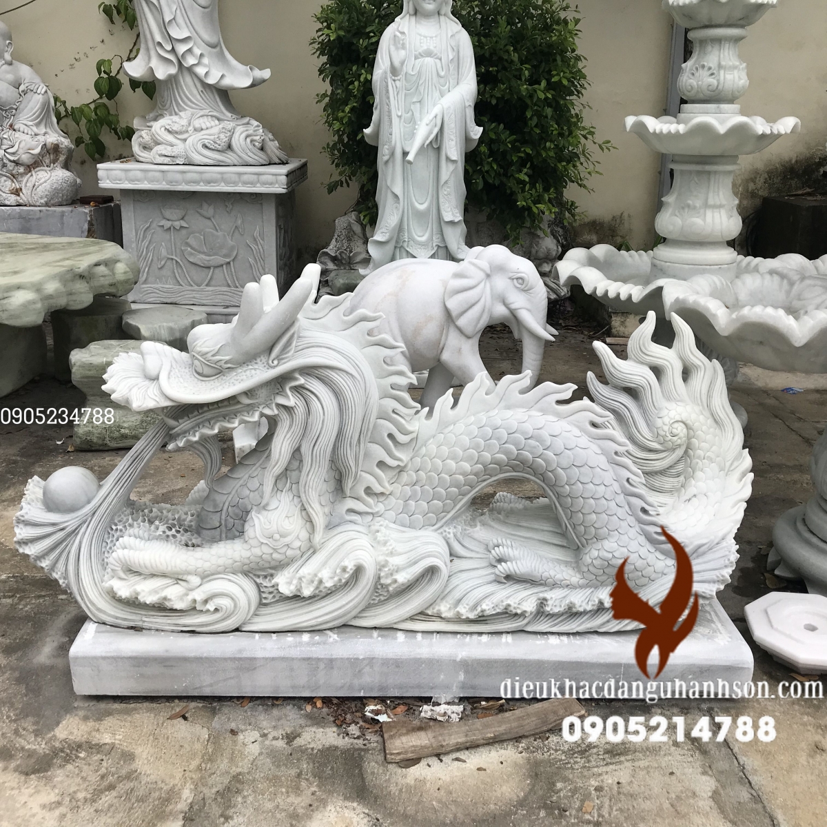 Tượng rồng lượn đá trắng Non Nước Nguyên Khối (Mã sản phẩm: R01)