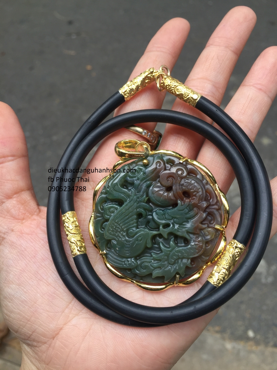 Combo mặt dây chuyền đá ngọc caxedon ốp bạc xi vàng kèm dây da ốp bạc 6 khúc đầu rồng RP20