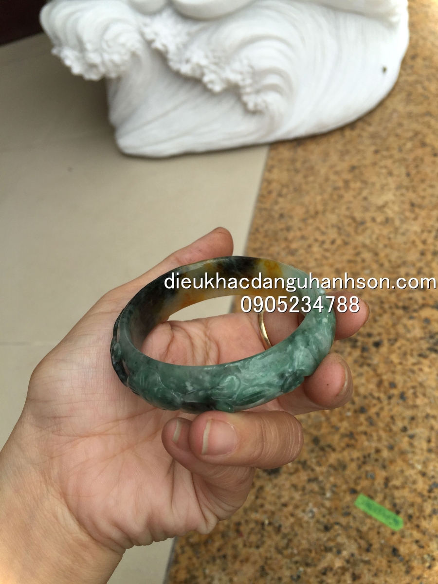 Vòng tay bản liên ngọc cẩm thạch thiên nhiên chạm họa tiết VTBL36