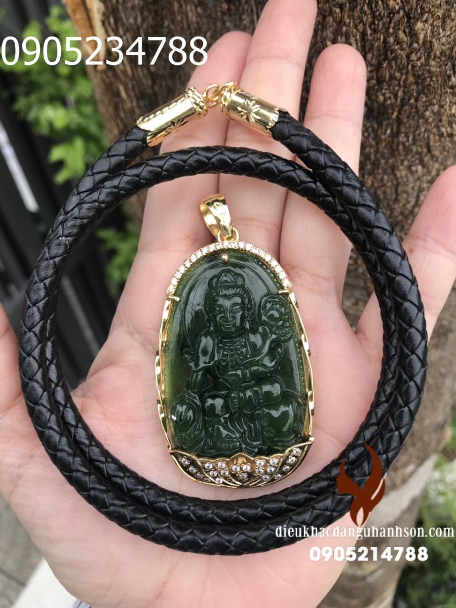 Combo Mặt Dây Chuyền Phật Phổ Hiền Bồ Tát Ngọc Bích - Nephrite Thiên Nhiên ốp vàng tây 10k kèm dây da ốp vàng Cho Tuổi Thìn Và Tỵ (Mã Sản Phẩm: PBM1)