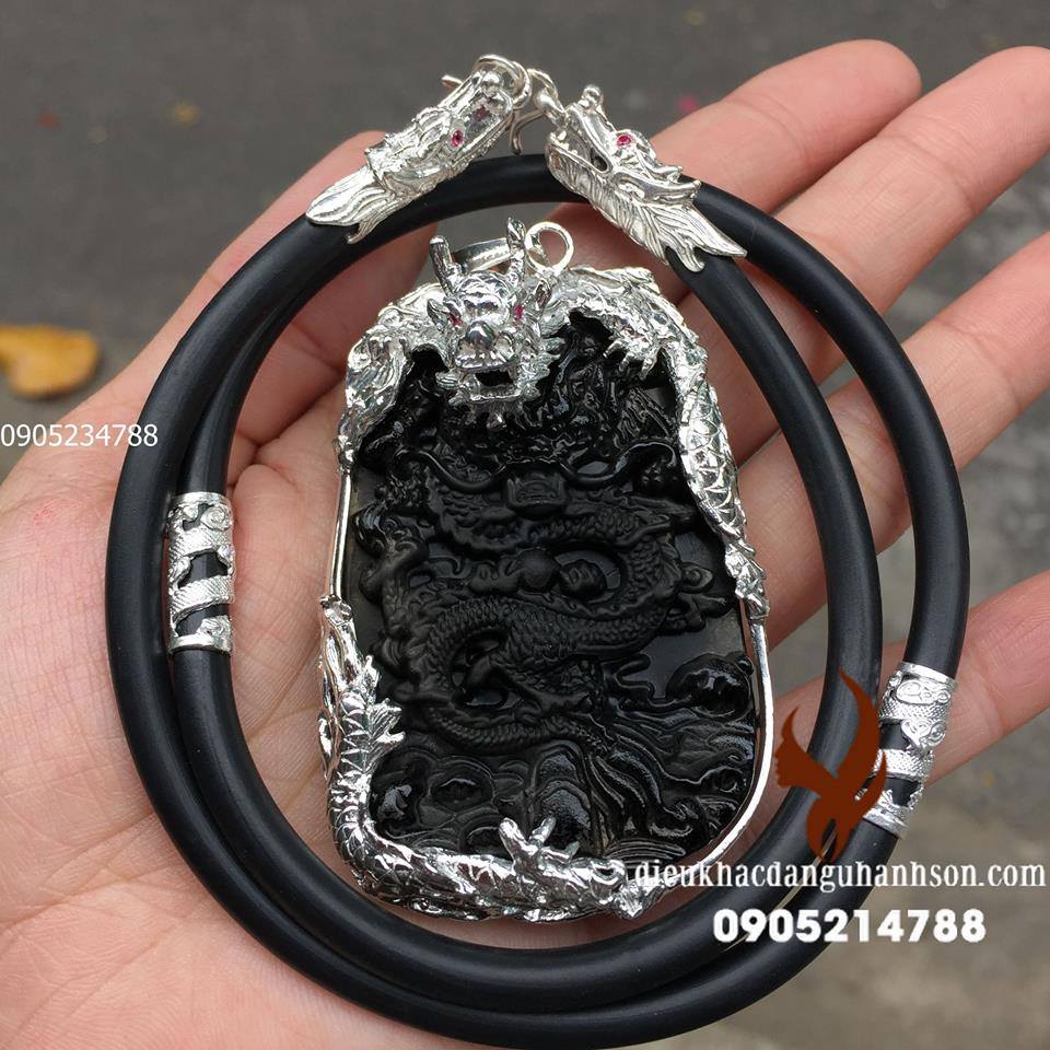 Mặt dây chuyền rồng đá obisidian ốp bạc ta kèm dây rồng RP34