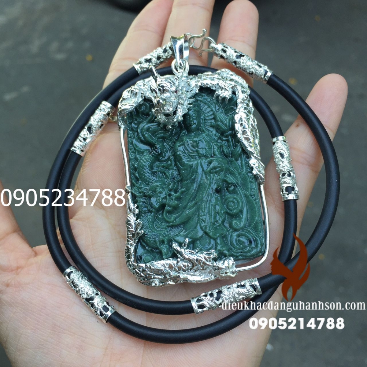 Măt dây chuyền Quan Âm Ngọc Ấn Độ tự nhiên ốp bạc ta nguyên chất  QA05