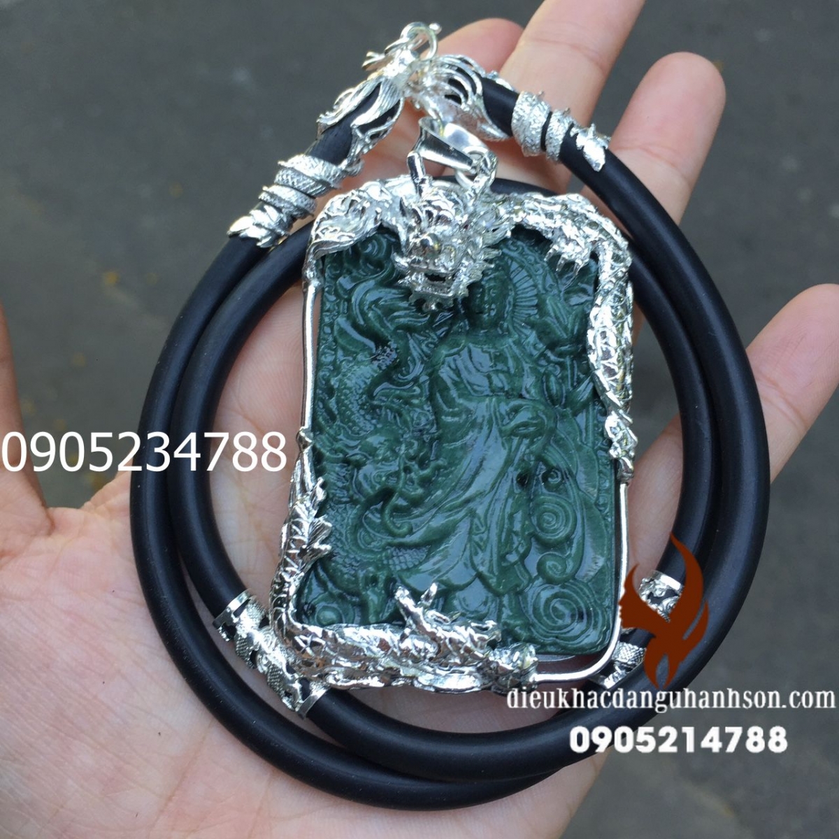 Combo Măt dây chuyền Quan Âm Ngọc Ấn Độ tự nhiên ốp bạc ta nguyên chất kèm dây rồng  QA06
