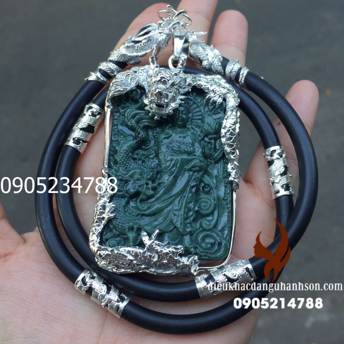 Combo Măt dây chuyền Quan Âm Ngọc Ấn Độ tự nhiên ốp bạc ta nguyên chất kèm dây rồng  QA07