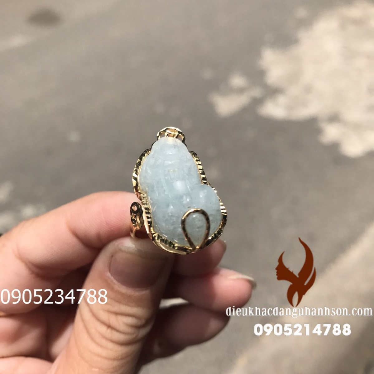 Tỳ hưu đá Aquamarin tự nhiên ốp vàng tây 10k TSV10