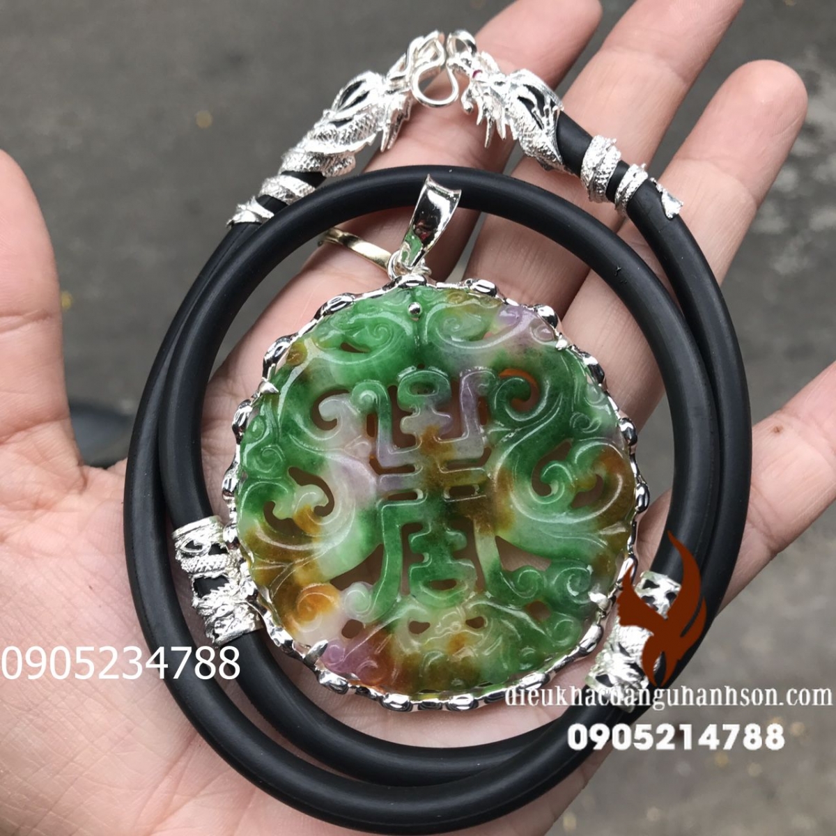 Mặt dây chuyền chữ Phúc Ngọc cẩm thạch tứ quý tự nhiên ốp bạc ta kèm dây rồng MDC03