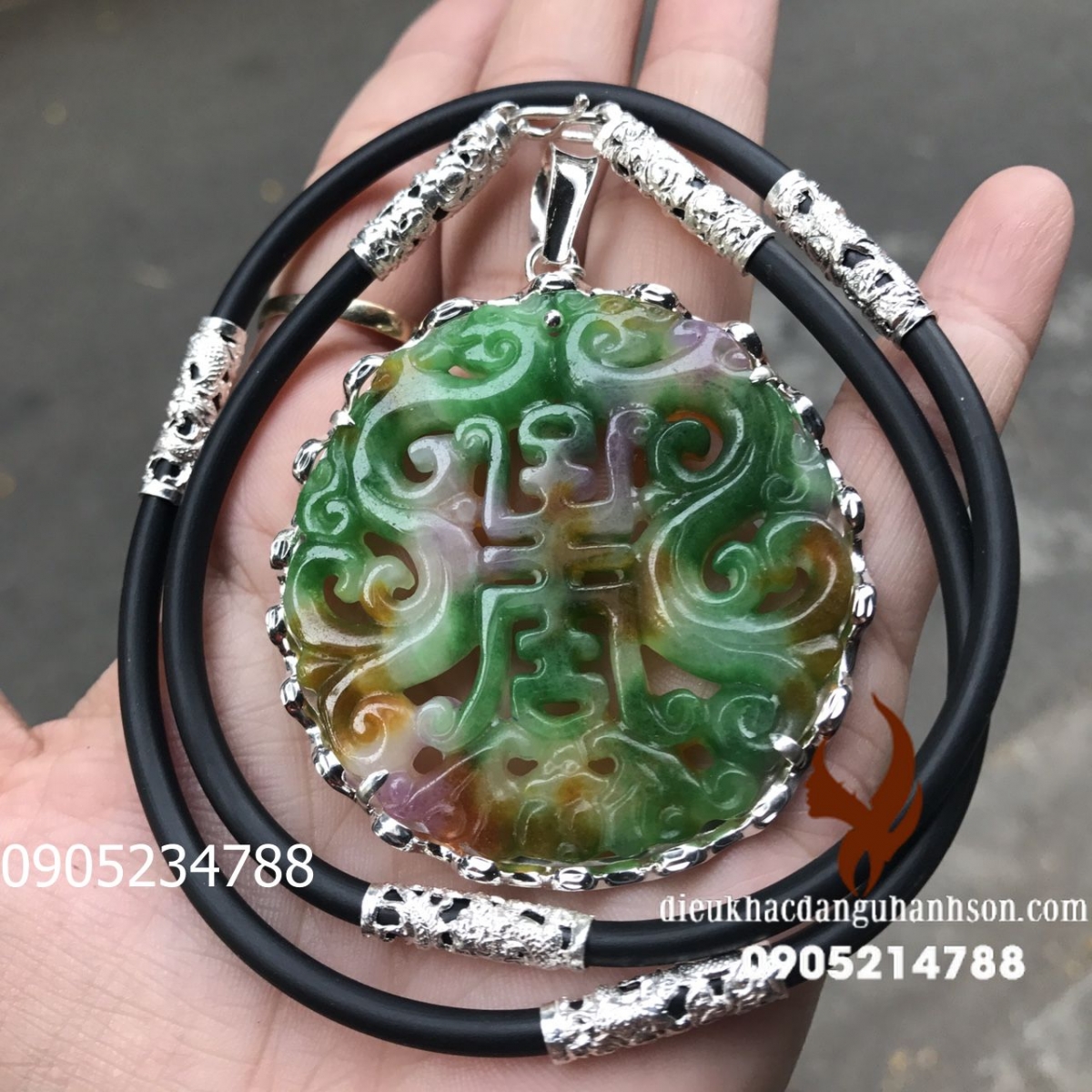 Mặt dây chuyền chữ Phúc Ngọc cẩm thạch tứ quý tự nhiên ốp bạc ta kèm dây rồng MDC04