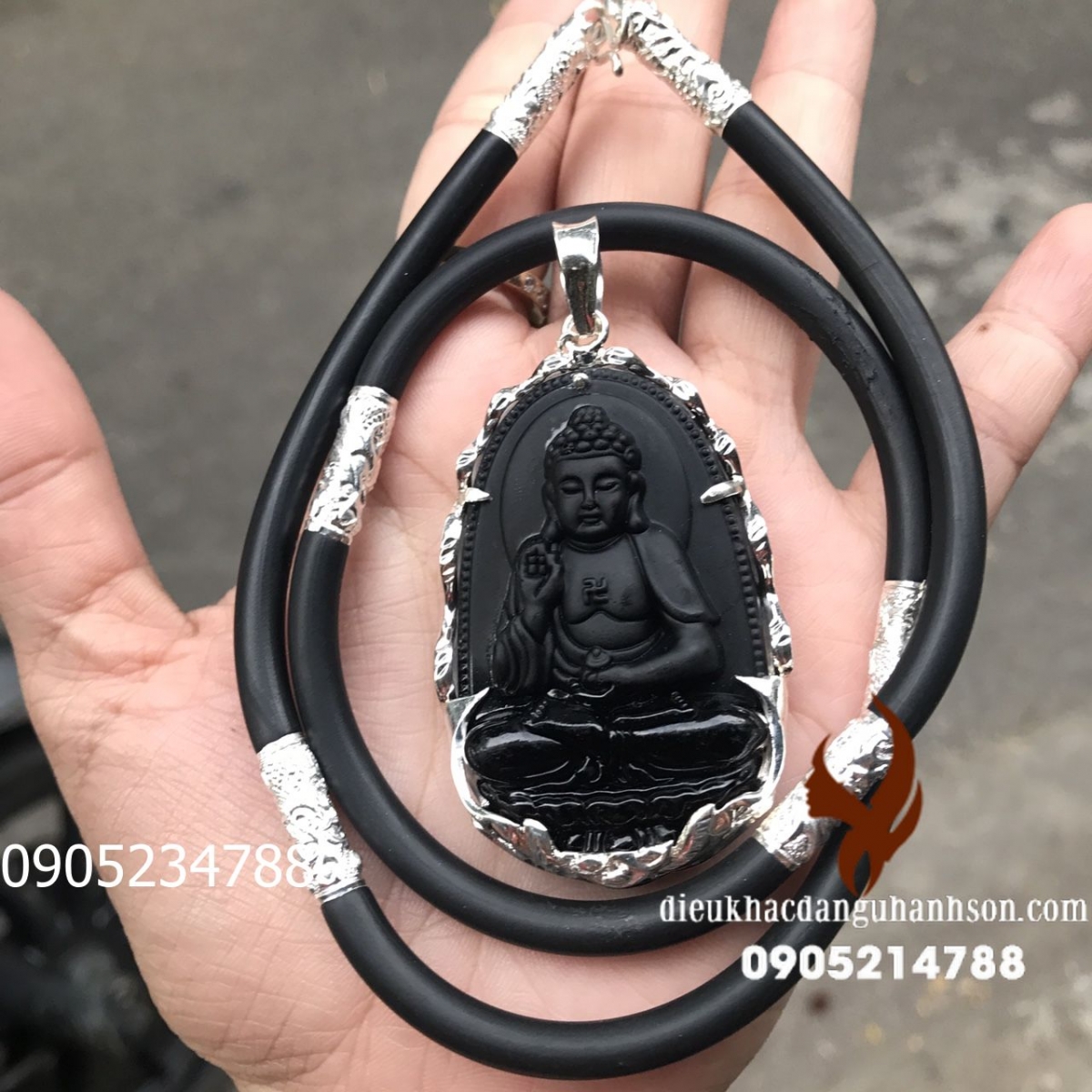 Phật bản mệnh A di đà Đá obisidian tự nhiên ốp bạc kèm dây đeo ốp bạc  PBM29