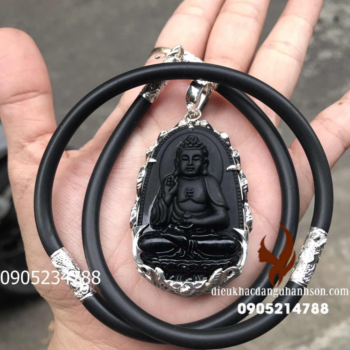 Phật bản mệnh A di đà Đá obisidian tự nhiên ốp bạc kèm dây đeo ốp bạc  PBM28