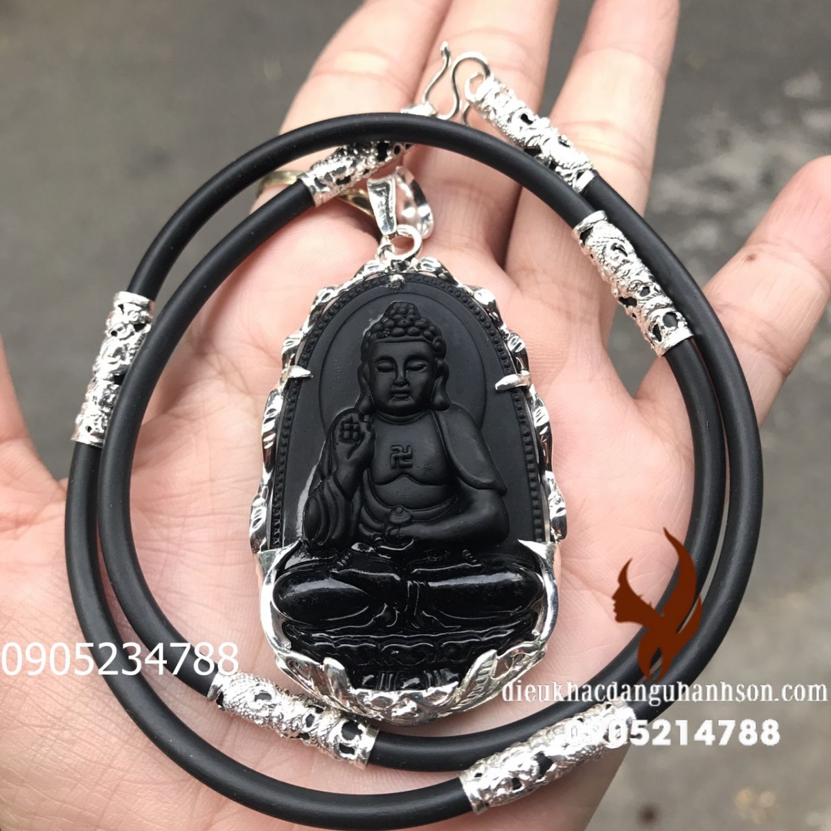 Phật bản mệnh A di đà Đá obisidian tự nhiên ốp bạc kèm dây đeo ốp bạc  PBM27