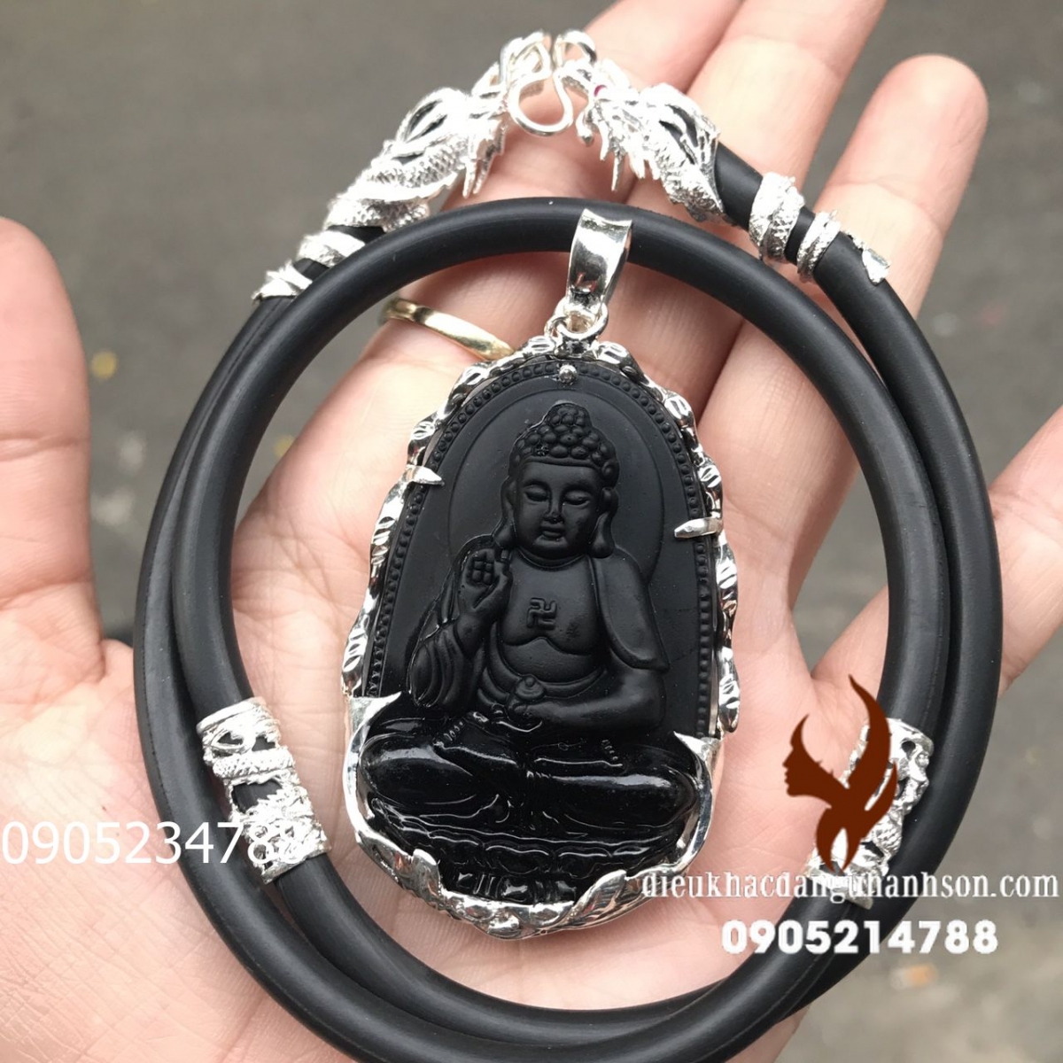 Phật bản mệnh A di đà Đá obisidian tự nhiên ốp bạc kèm dây đeo ốp bạc  PBM26