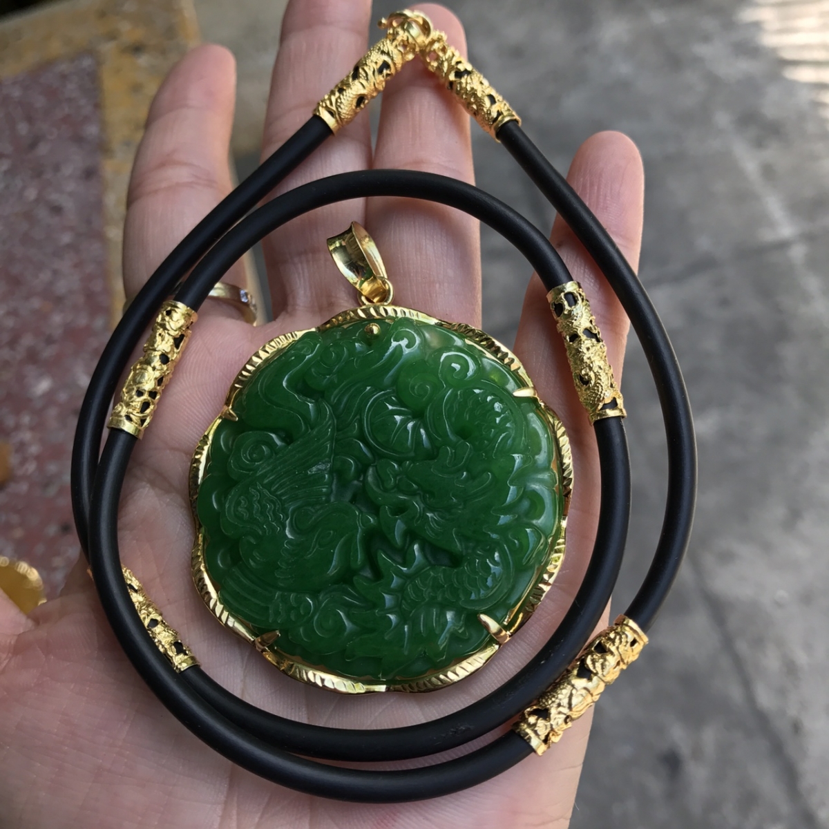 Mặt dây chuyền rồng phụng đá ngọc cẩn thạch tự nhiên ốp vàng tây 10 kèm dây rồng RP41