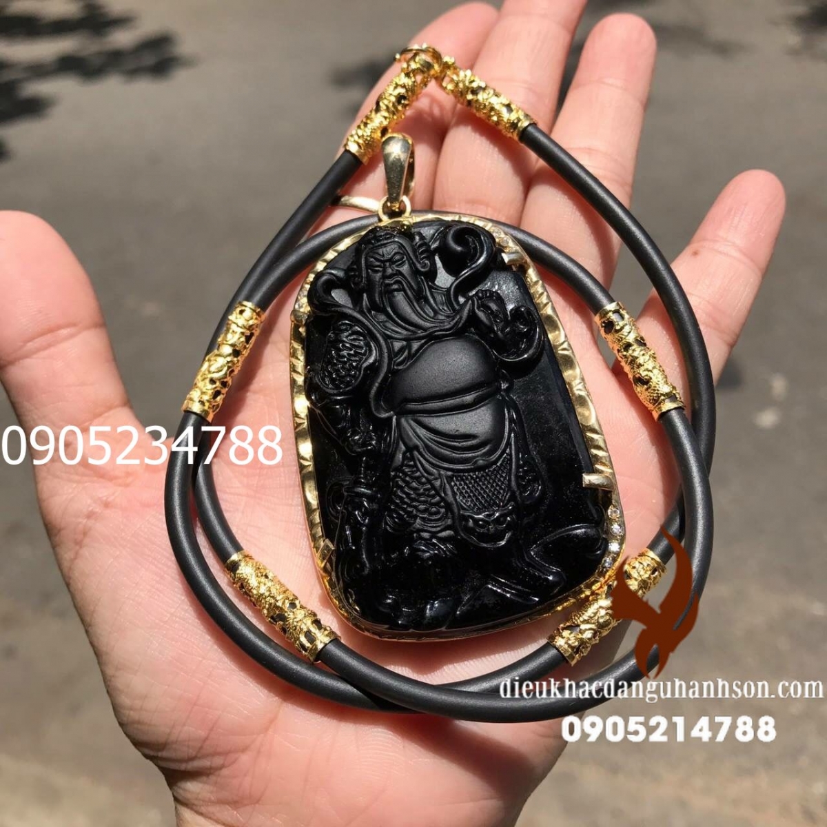 Combo mặt dây chuyền Quan công đá obisidian ốp vàng tây 10K kèm dây đeo 6 đốt  QC27