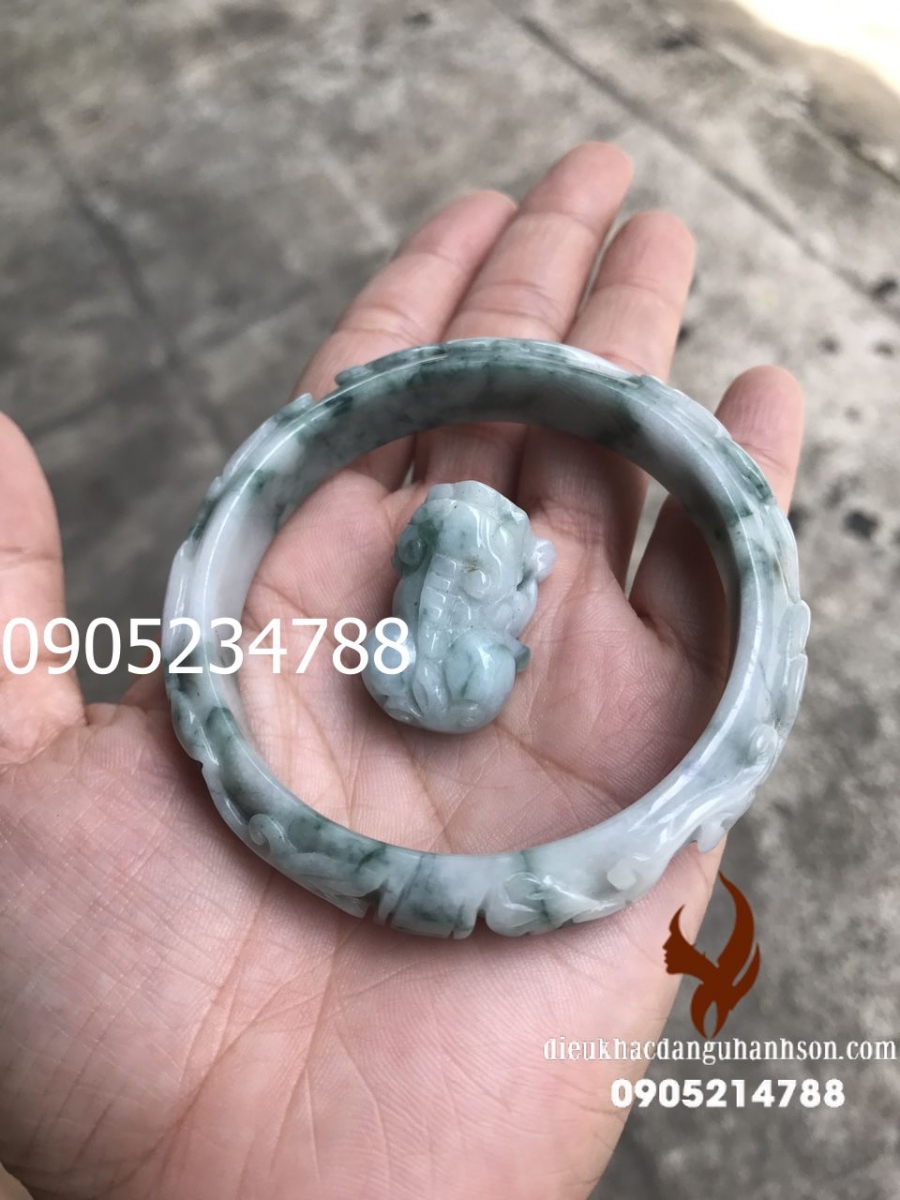 Combo Vòng tay Ngọc cẩm thạch chạm hoa văn kèm tỳ hưu VTBL25
